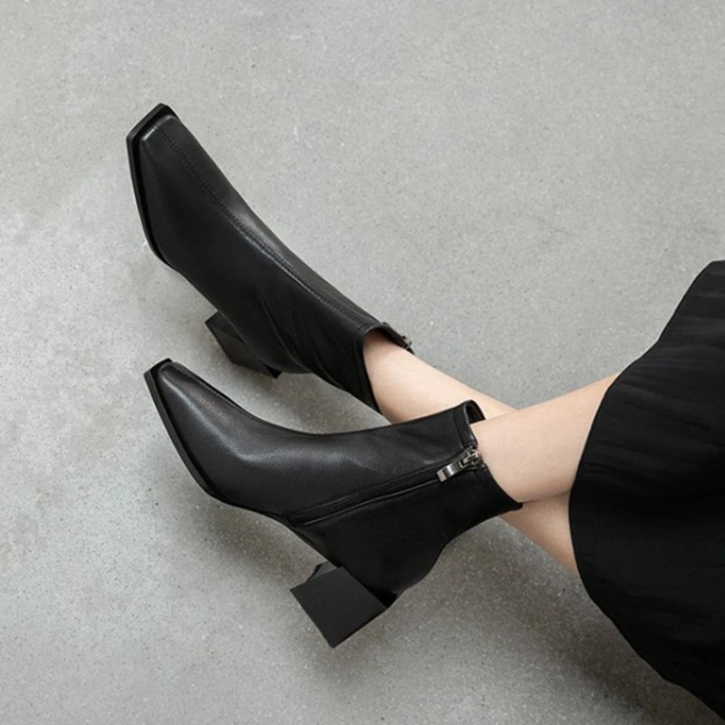 

RIZABINA Real Leather Women Ankle Boots Fashion Zipper High Heel Winter Shoes Woman Warm Short Boot Lady Footwear Size 34-40