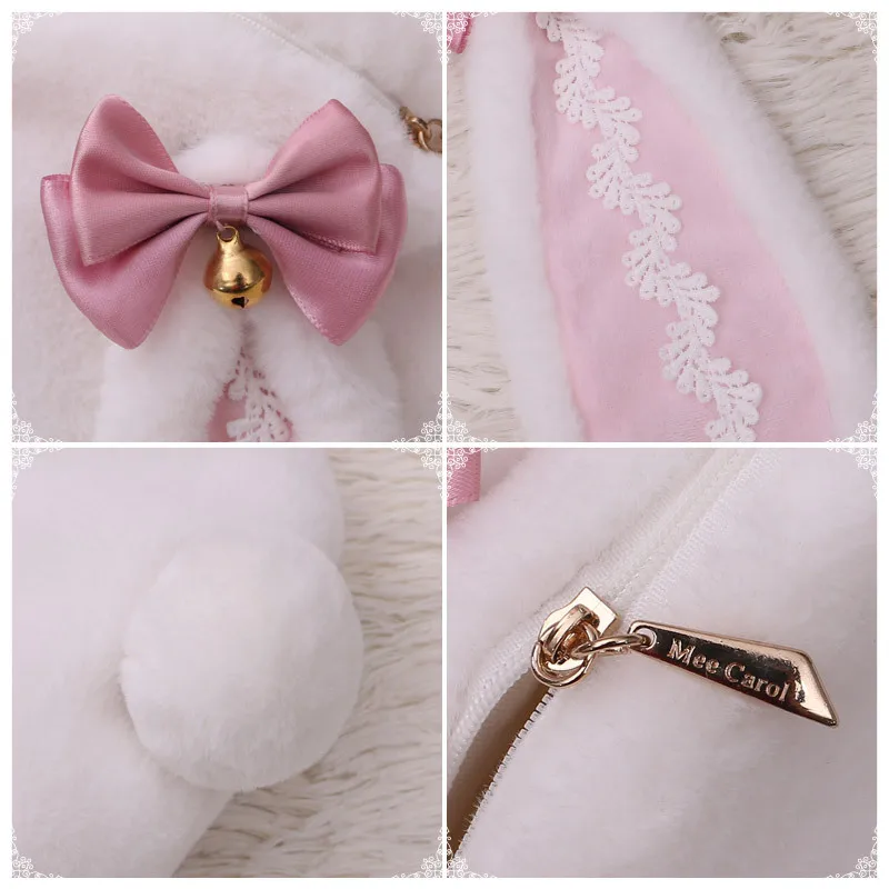 

22cm Kawai Girl Bunny Rabbit Bag Silk Bowknot Soft Plush Toy Doll Single Shoulder Portable Pearl Chain Bag Christmas Gift