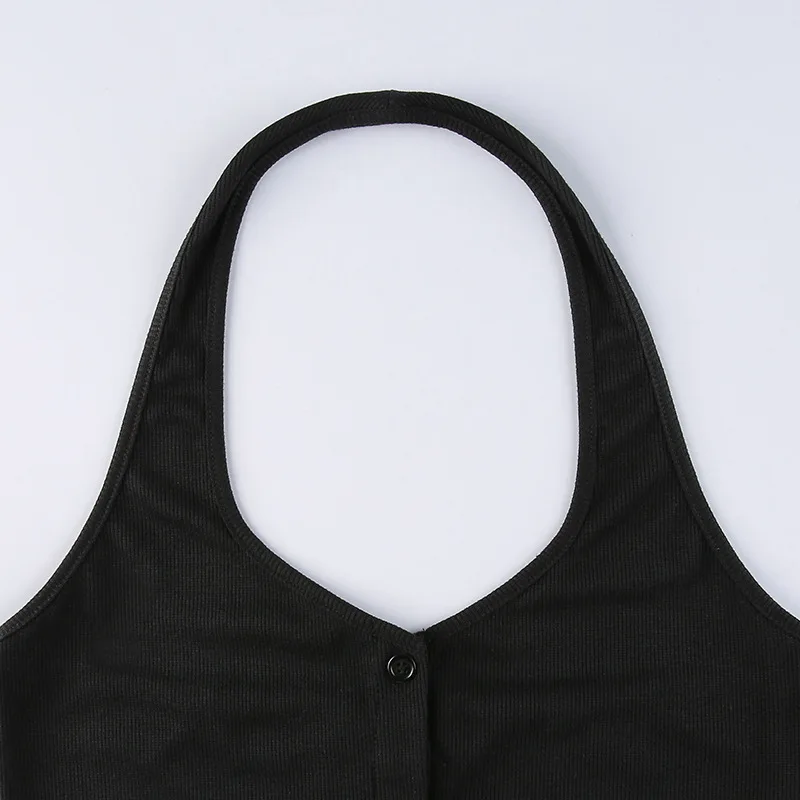 

ArtSu Deep V Halter Tops for Women Summer Sexy Sleeveless Basic Crop Top Streetwear Single-Breasted Black Backless Tops VE52886