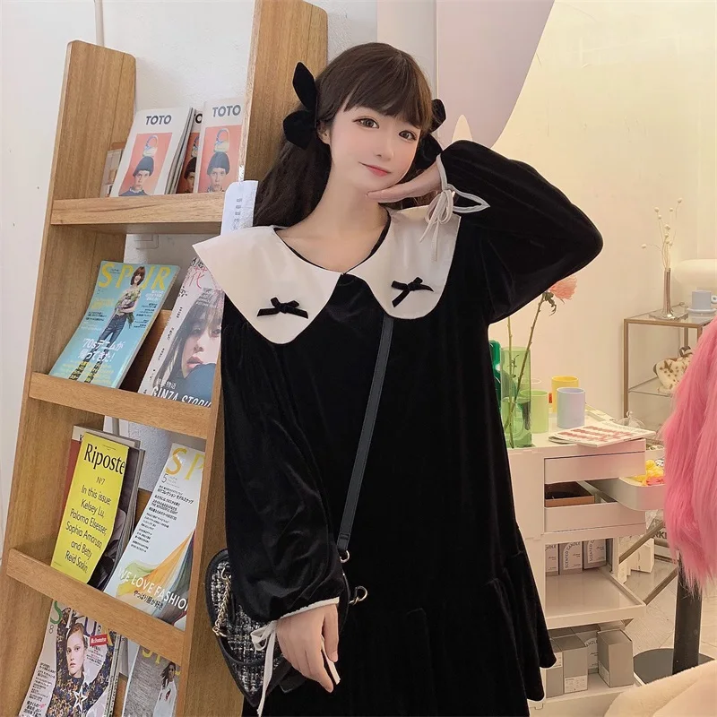 

Japanese Sweetheart Preppy Style Elegant Dress Kawaii Peter Pan Collar Bow Full Sleeve Vintage Folds Ruffles Velvet Black Dress