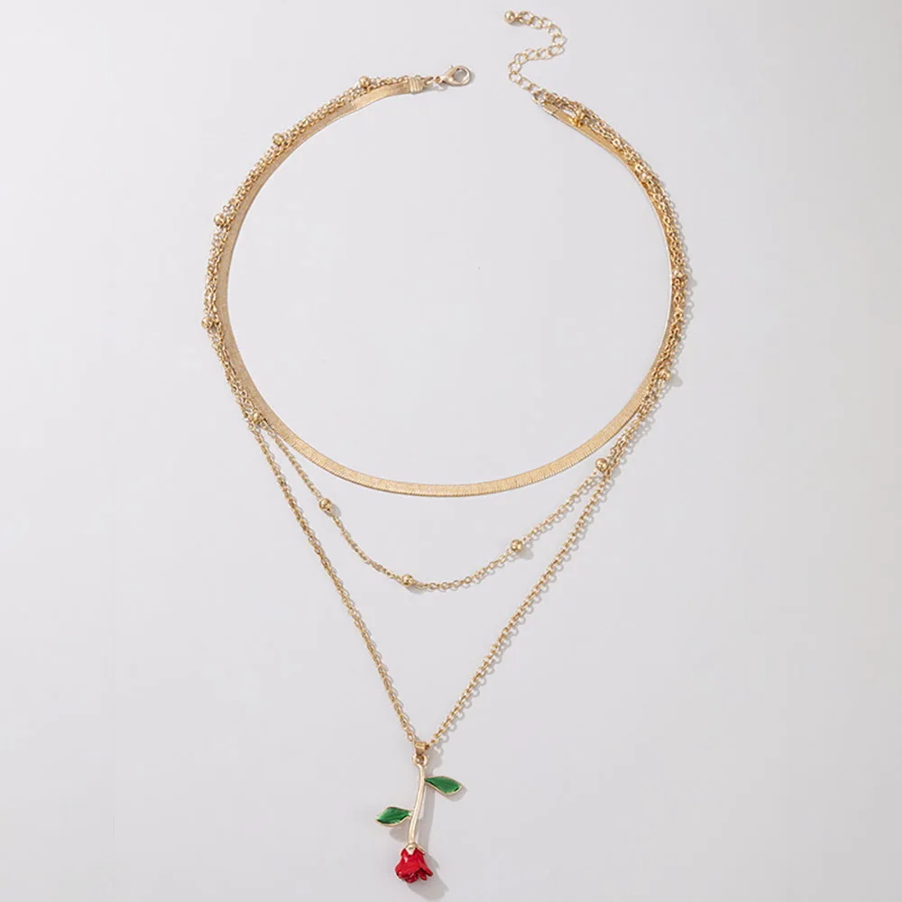 

2021 Gold color Choker Necklace for women 3 Layers red flower Pendant Chain Necklaces & Pendants velvet chokers Fashion Jewelry