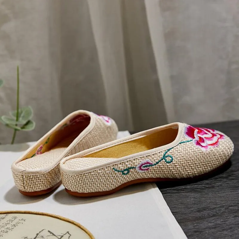 

Женские холщовые шлепанцы, дышащие, Цветочная вышивка, повседневные, сланцы, плоская подошва, прогулочная обувь, стандартный размер, лето