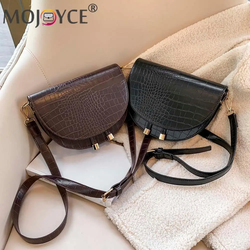 

Women Solid Color PU Leather Handbag Luxury Semicircle Small Shoulder Bag Retro Alligator Pattern Crossbody Saddle Bags