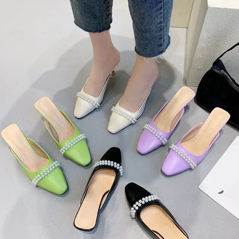 

Thin Heels Shoes Woman 2021 Cover Toe Heeled Mules Slippers Summer Med Pantofle Luxury Slides High New Pointed Designer Pumps Ru