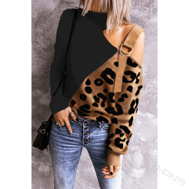 

Mandylandy T-shirt Casual Long Sleeve O-Neck Off Shoulder Spaghetti Strap Loose T-shirt Women's Leopard Print Stitching T-shirt