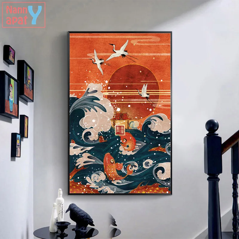 

Canvas Art Print Painting Poster Japanese Style Landscape Painting Wave Crane Red Sun Wall Pictures Living Room Home Decoration