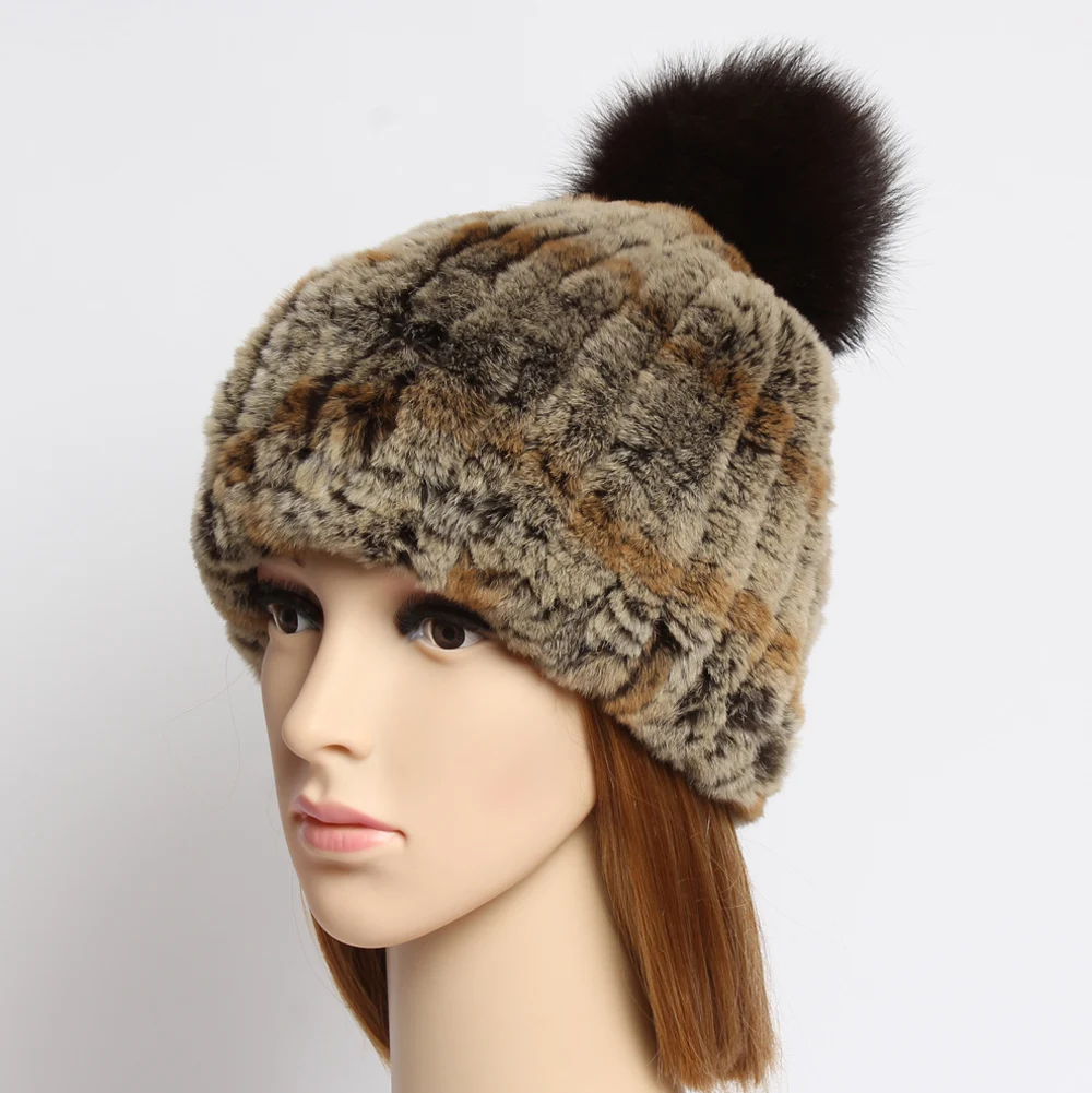 Женская вязаная шапка из натурального меха кролика Рекс зимняя высокая