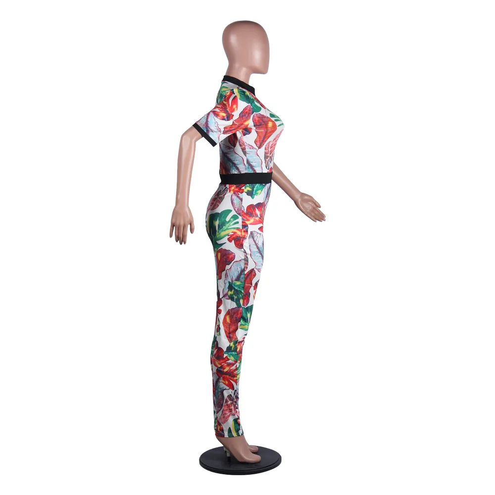 Women Print Zip fashion Jumpsuit Sexy Short Sleeve Elegant Rompers Autumn Spring Bodycon Club Playsuit Long Overalls Plus Size