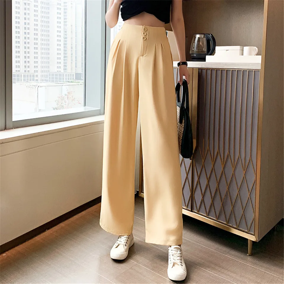 

Summer Casual Loose Wide Leg Pants Women Office Lady Solid Elastic High Waist Female Trousers Fashion Thin Straight Suit Pants