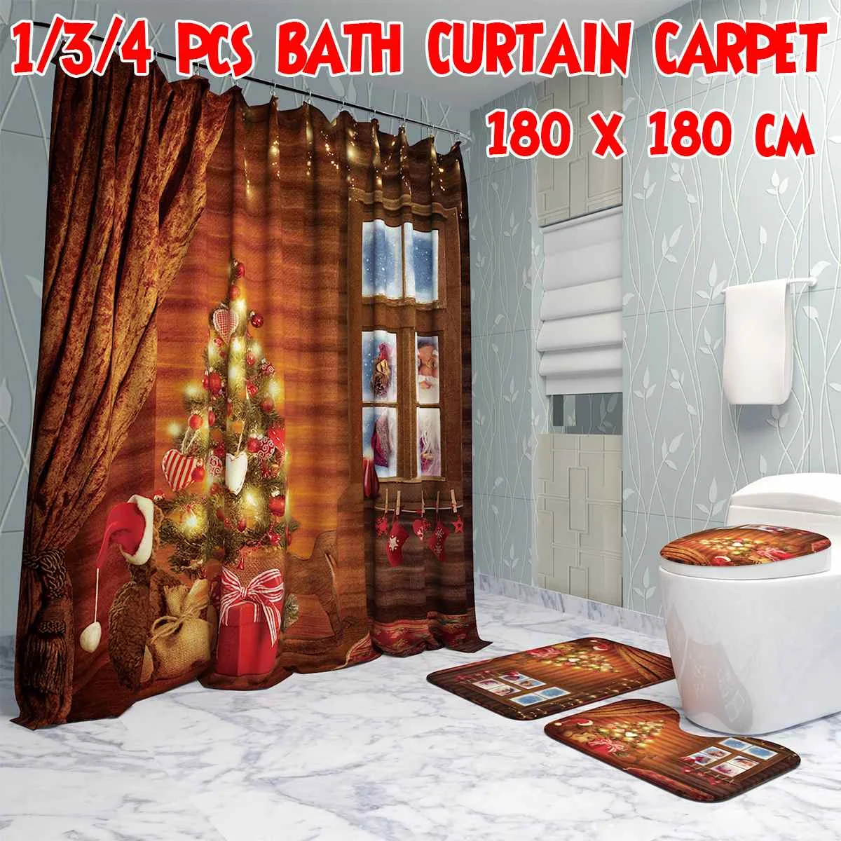Bathroom Shower Curtain Set Non-slip Bath Mat Toilet Cover Waterproof Material Santa Claus Snowman Pattern Christmas Decorations