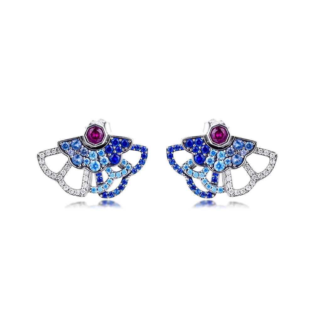 

100% 925 Sterling Silver Blue & Pink Fan Statement Stud Earrings for Women Wedding Jewelry Ear Brincons Pendientes Free Shipping