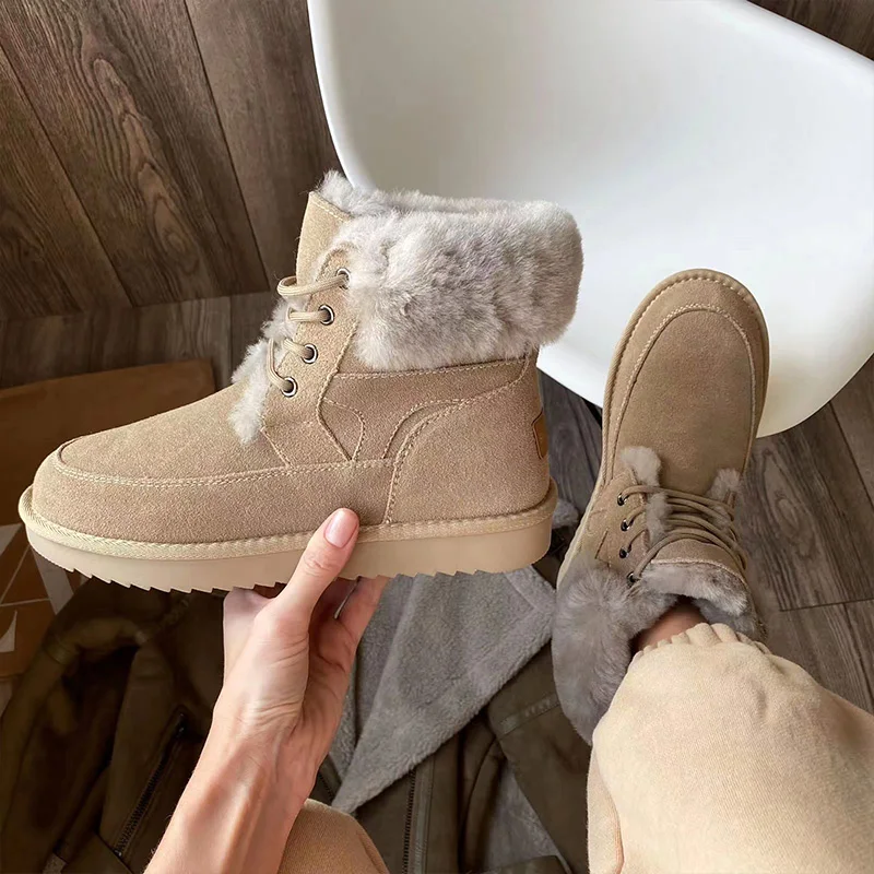 

Snow Boots Women Cow Suede Leather Lace Up Ankle Boots Warm Wool Ladies Winter Fur Shoes Handmade 08204 .