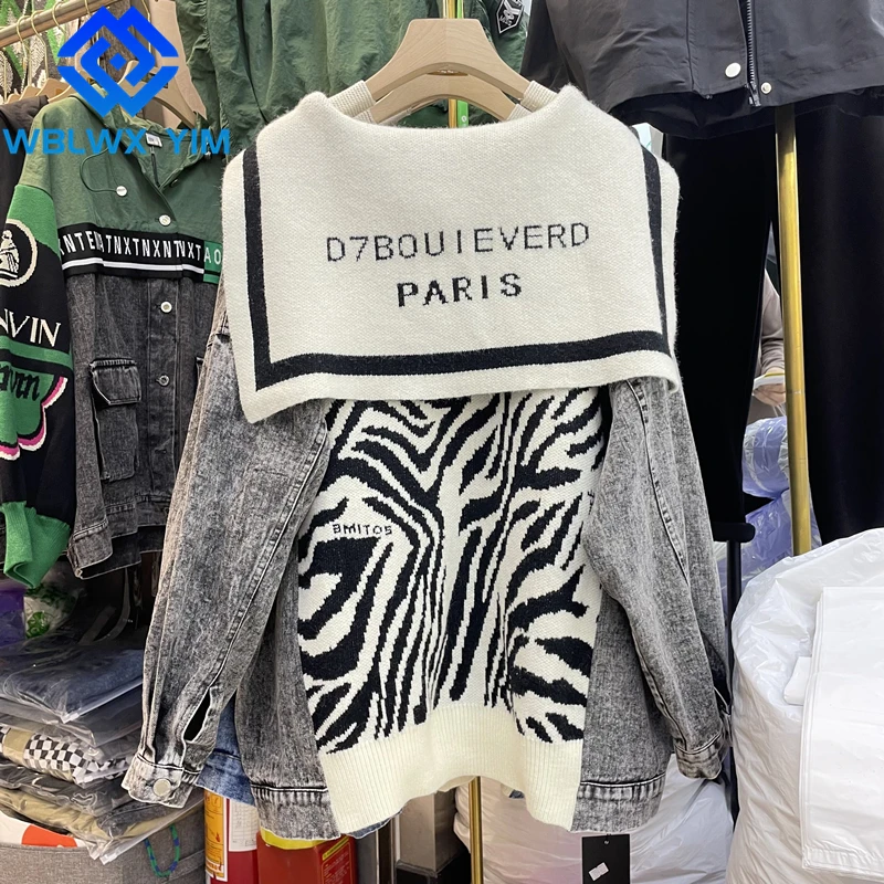 Женский трикотажный кардиган с карманами синяя джинсовая кофта воротником