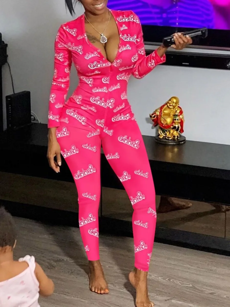 

Women Autumn Outfit Pajamas Deep V Neck Sexy Printing Long-Sleeves Casual Jumpsuit With Zipper Romper For Girl Christmas Clothes