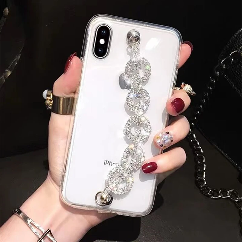 new hot diamond transparent case for iphone 11 pro max 7 8 6 6s plus x xr xs max 11pro luxury jewelled wrist strap back case free global shipping