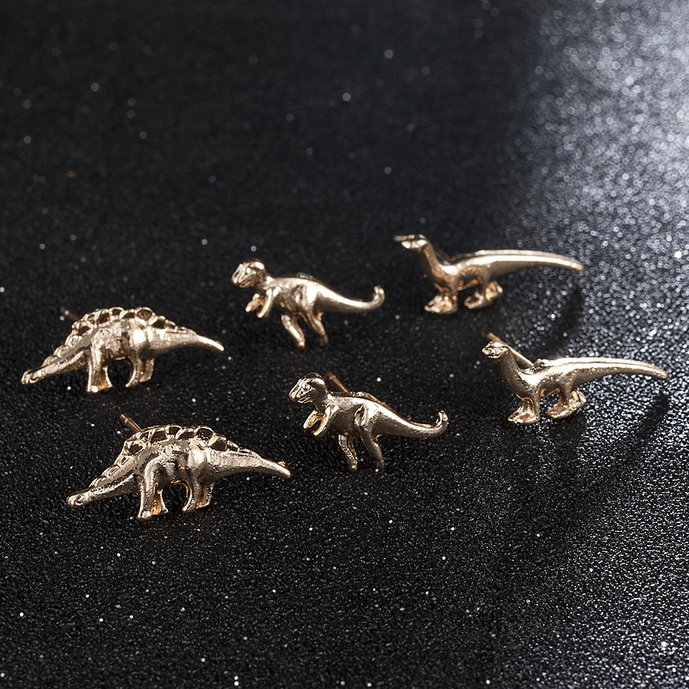 European and American retro earrings 3Pairs/set Gold Silver Dinosaur Earrings Cute Ear Stud earring Small Set Jewelry decoration
