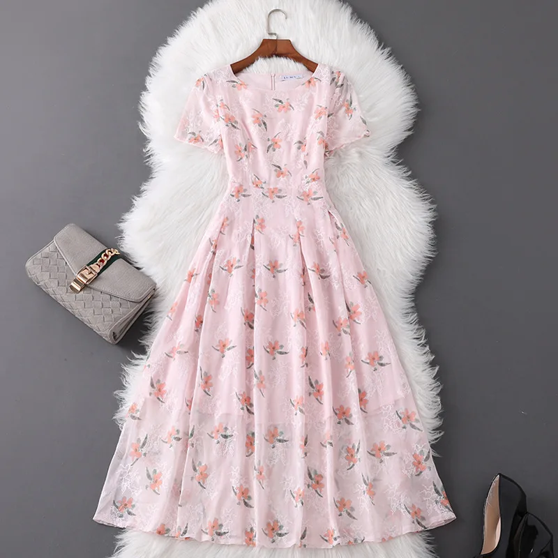 

Women short sleeve summer dress new 2021 fashion floral print a-line elegant pink dresses sweet girls day wear