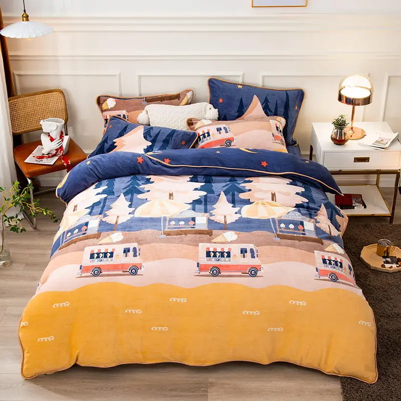 

2020 new products Thickened warm milk fleece Reactive Print Bed Set luxury bedding king size 4-piece set.