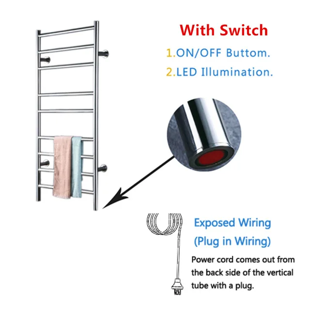 switch and plug Free shipping Stainless steel 304 wall mounted Polish heated towel rail towel warmer Bathroom Towel Holder HZ-927A - Color: switch and plug