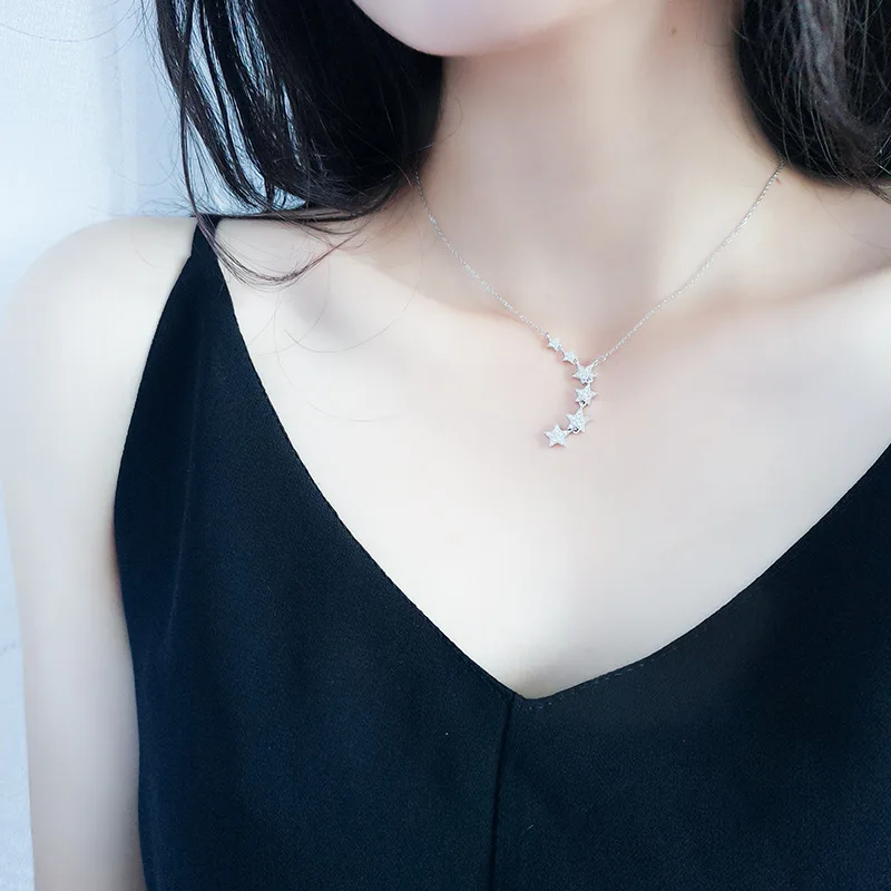 

925 Sterling Silver Six-star Necklace Pentagram North Star Pendant Tassel For Women Girl Gift Fashion Jewelry Inlay Zircon