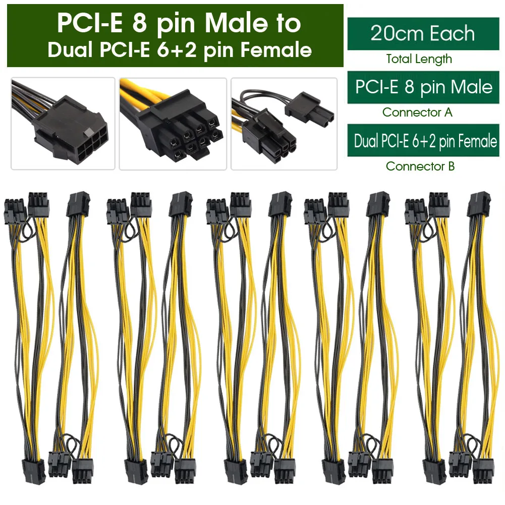 

1 шт. 8-контактный двойной 6 + 2-контактный штекер PCI-E PCIE GPU Кабель питания сплиттер адаптер для графических карт GPU 20 см в длину