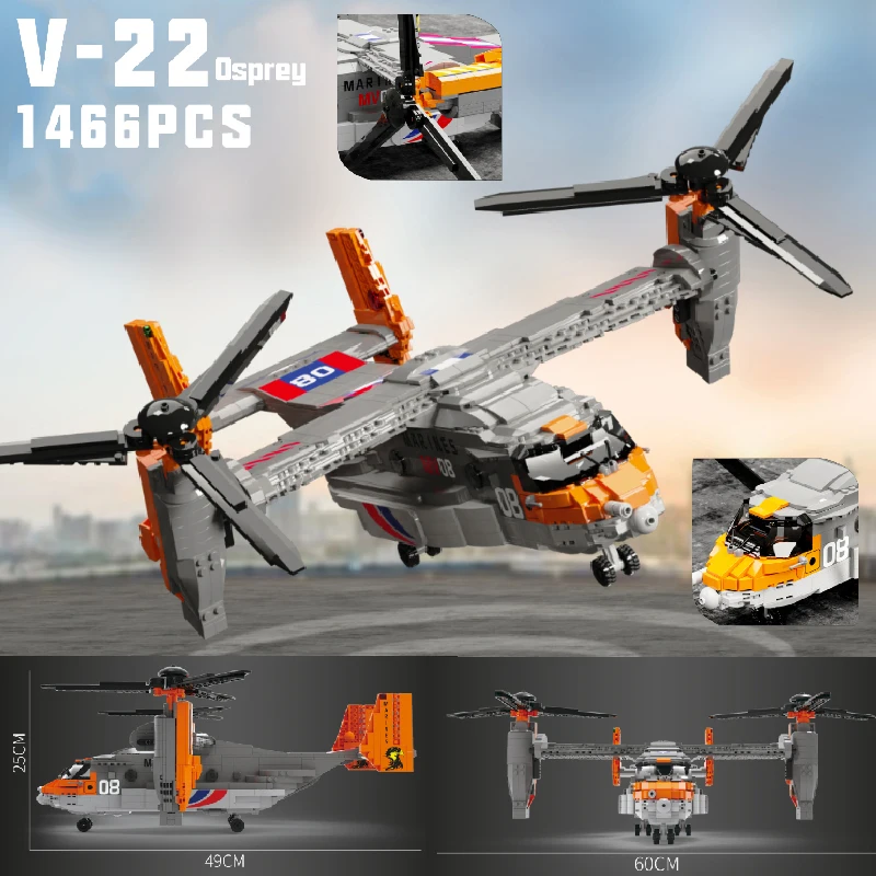 

MOC 1466pcs Creative Military High-tech Air Fighter Aviation Aircraft V22 Osprey Transport Model Building Blocks bricks Toy gift