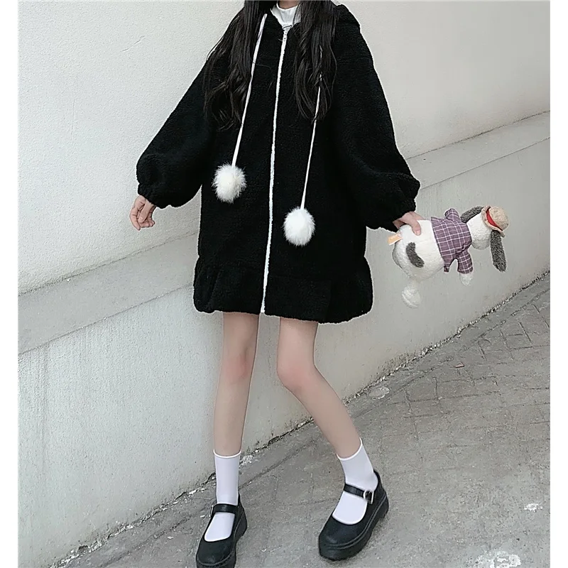 Japanese Soft Girl Cute Bunny Ears Hooded Thick Lambswool Midi Long Women Coat Zipper Kawaii Lolita Long Sleeve Winter Outerweat