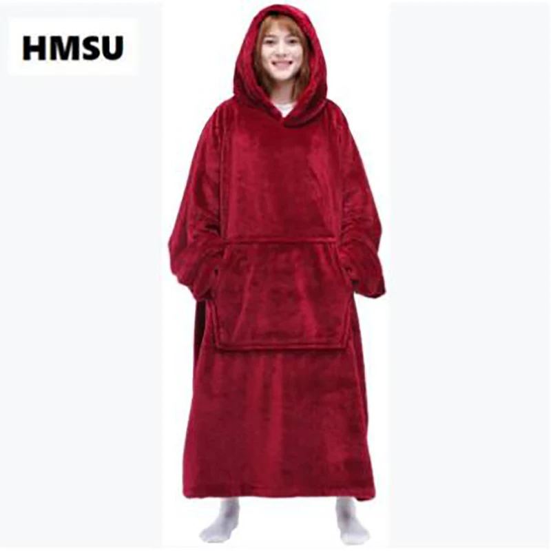 

HMSU Nordic Super Long Flannel Blanket with Sleeve Winter Hoodie Sweatshirt Solid Pullover Fleece Oversized Giant TV Red Blanket