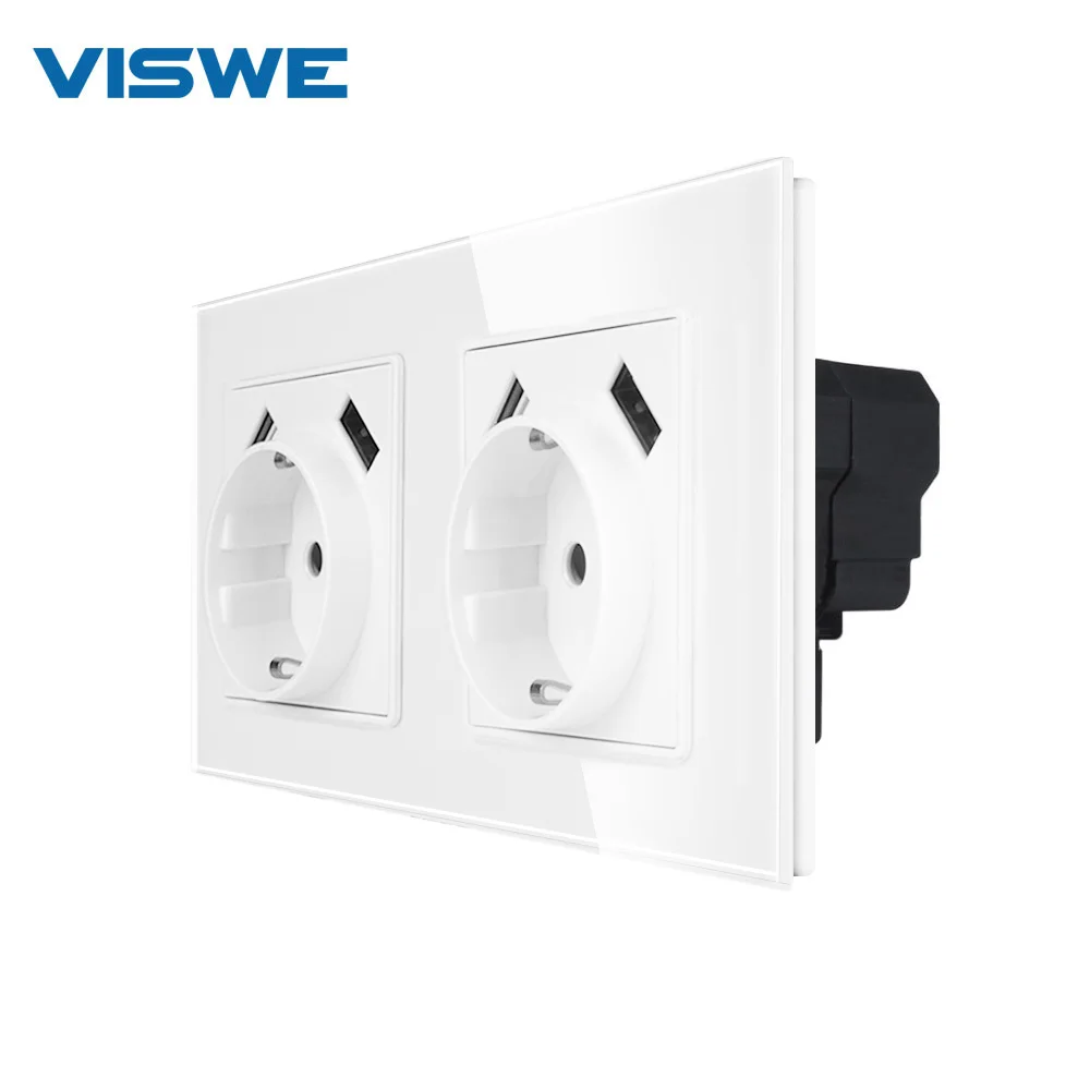 

4usb 5V 2.1A EU wall mounted double power outlet socket usb wall schuko socket rectangler crystal glass panel with hook
