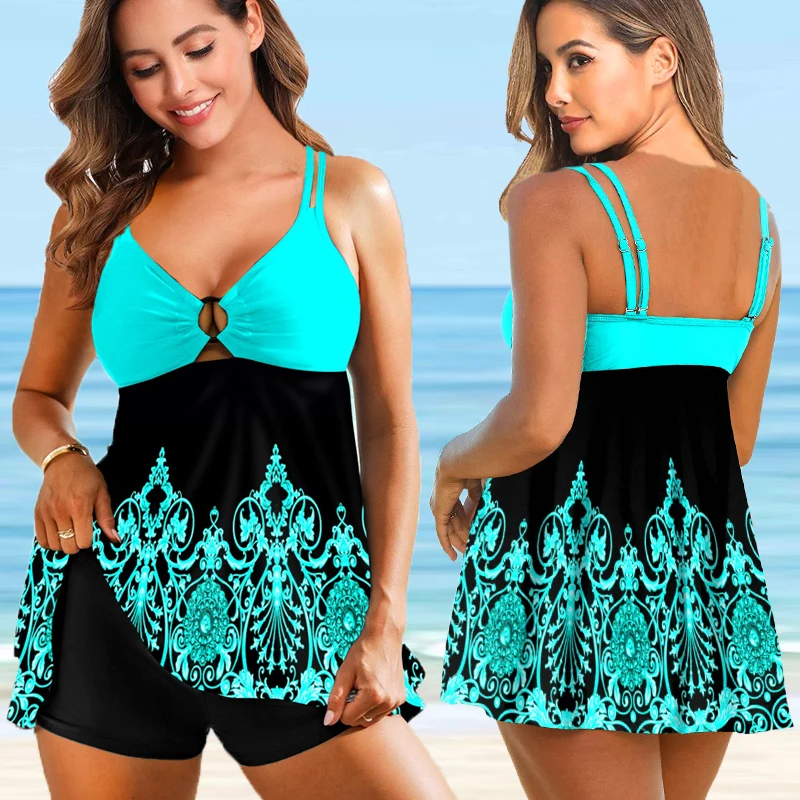 Women Two Pieces Print Tankini 2022 Sexy Bikini Swimdress Set Swimsuit Swimwear Bathing Sui Plus Size Plus Size Beachwear