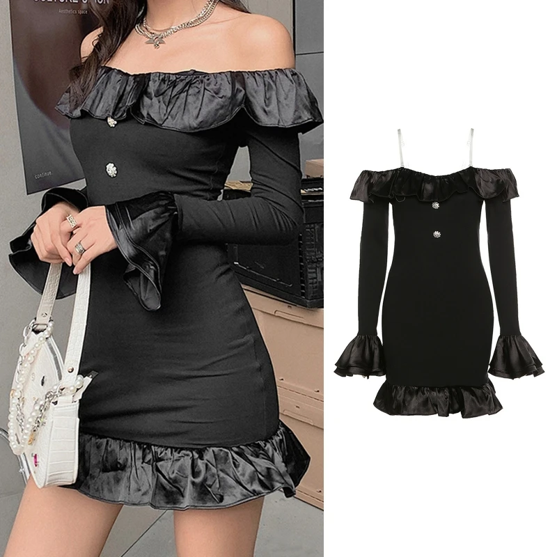 

Женское соблазнительное черное облегающее платье с расклешенными рукавами, открытыми плечами, оборками, пэчворком, стразы, на пуговицах, Кл...