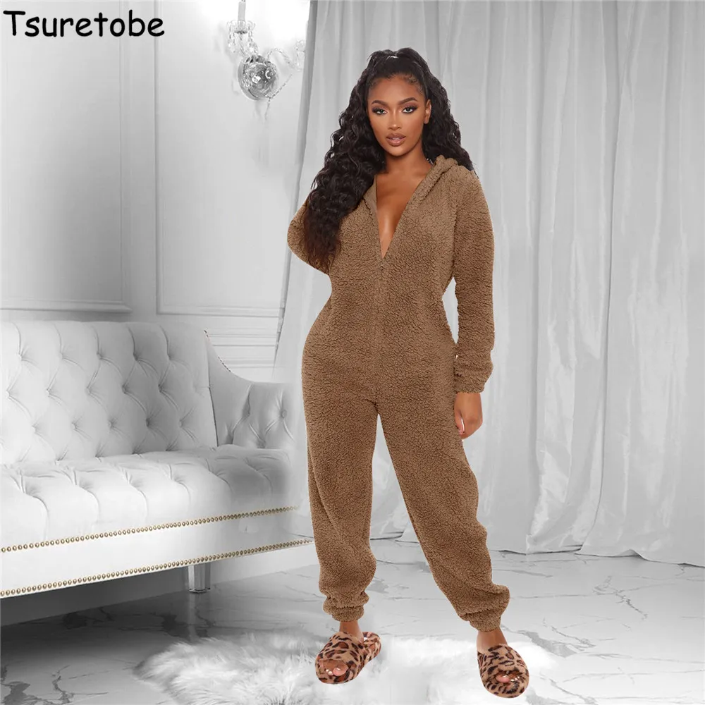 

Tsuretobe Velvet Jumpsuits For Women 2020 One Piece Outfit Women Hooded Romper With Zipper Winter Cute Plush Pajamas For Women
