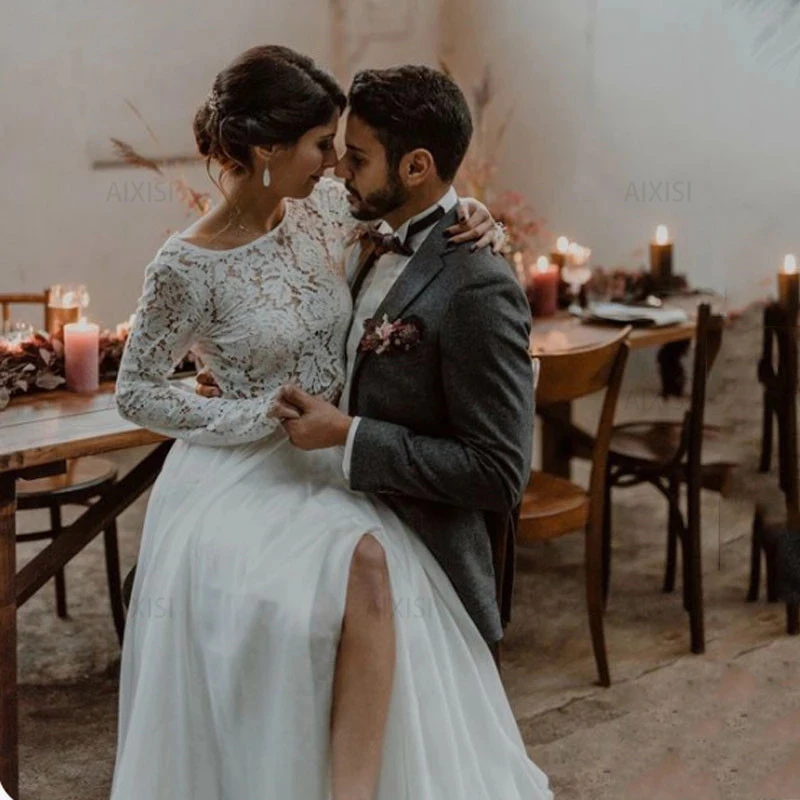 

Jasmine Wedding Dress No Bra Two Pieces Scoop Neck Full Sleeve Chiffon Bride Vestido Open Back Lace Slit Robe de mariée