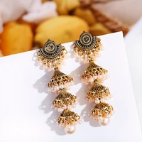 2020 womens gold color bells earrings bijoux vintage bohemia pearl beaded tassel long earrings ethnic tribe indian jewelry