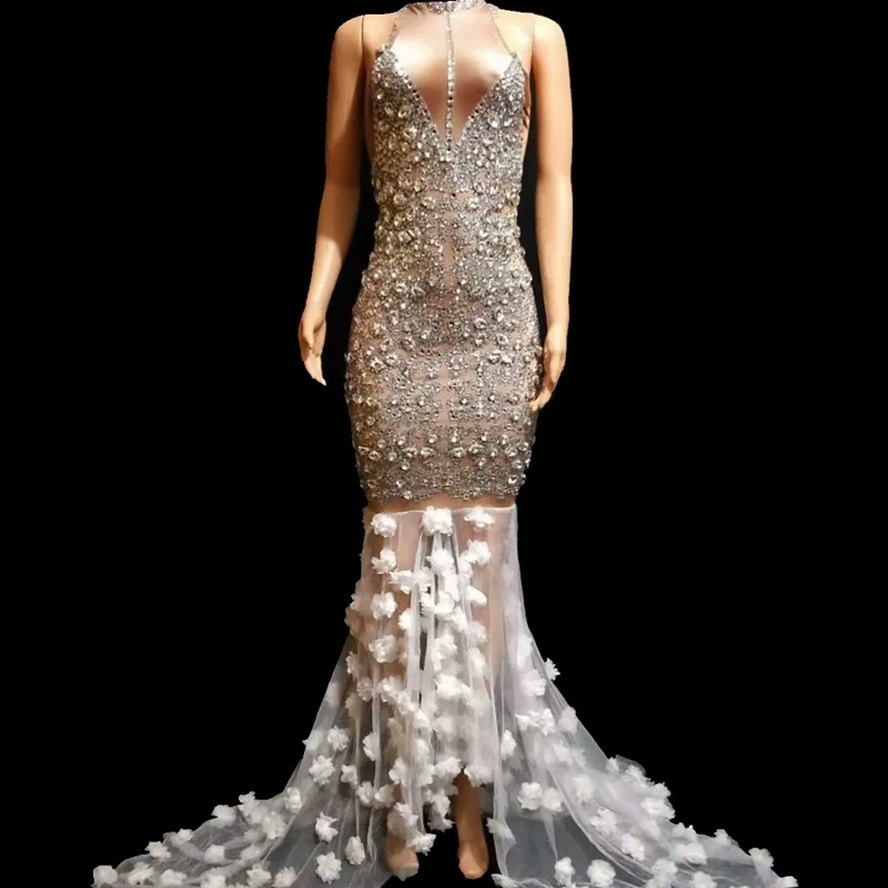 Роскошные Стразы платье для женщин Блестящие кристаллы вечерние цветы длинный