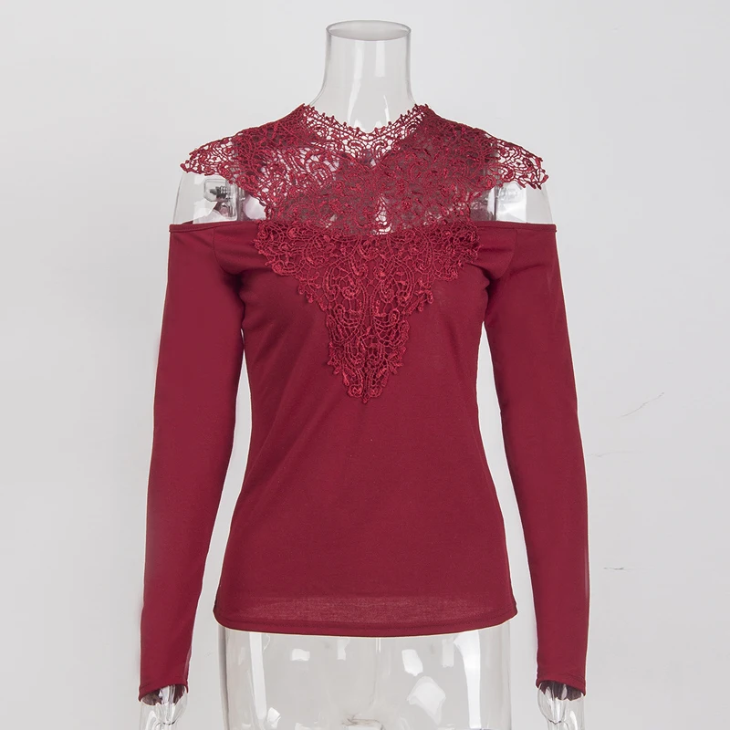 Sweet Lace T-Shirt Women Off The Shoulder Pink Slim Fit Tees Ladies O-Neck Autumn Casual Elegant Tops T-Shirts Women Clothes