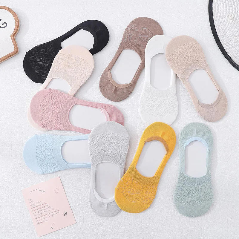 

Spring Summer Cotton Women's Solid Color Socks All Silicone Invisible Socks Non-slip Women's Boat Socks With Mesh Pattern