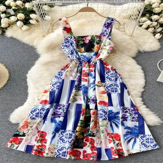 

Women's 2021 Summer Floral Strap Holiday Dress Streetwear Casual Sleeveless A Line Midi Dress Ladies Party Elegant Vestidos