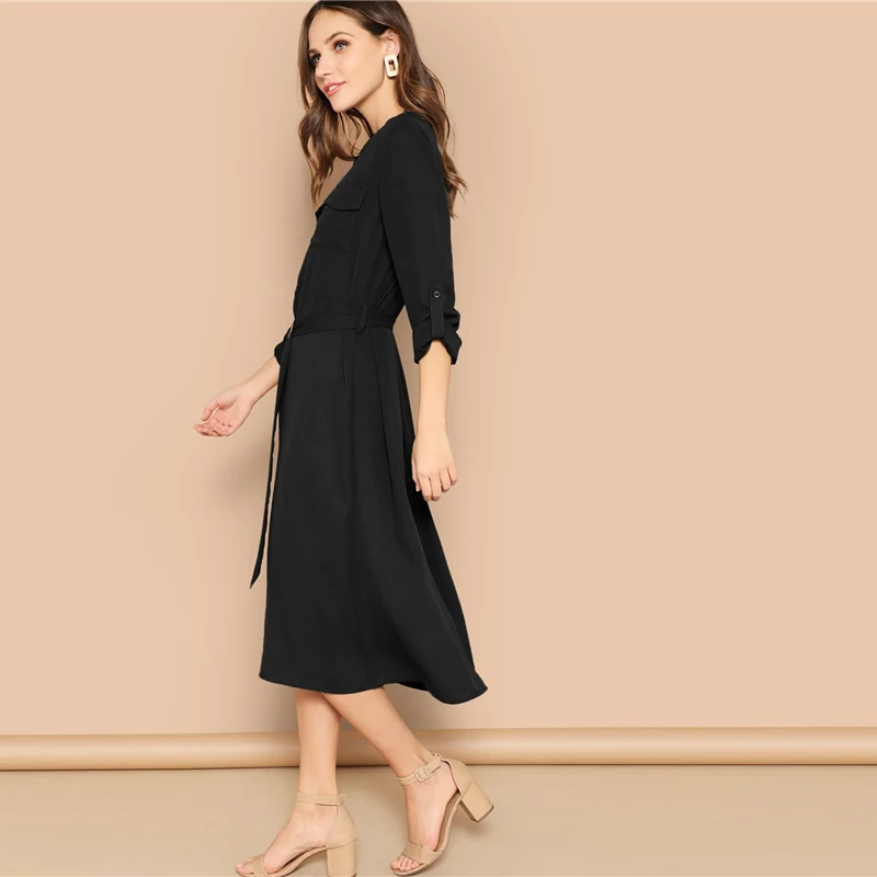 SHEIN закатать рукава рубашки с карманами поясом длинное платье Для женщин Весна с круглым вырезом Повседневное платье с длинным рукавом Женские миди платья