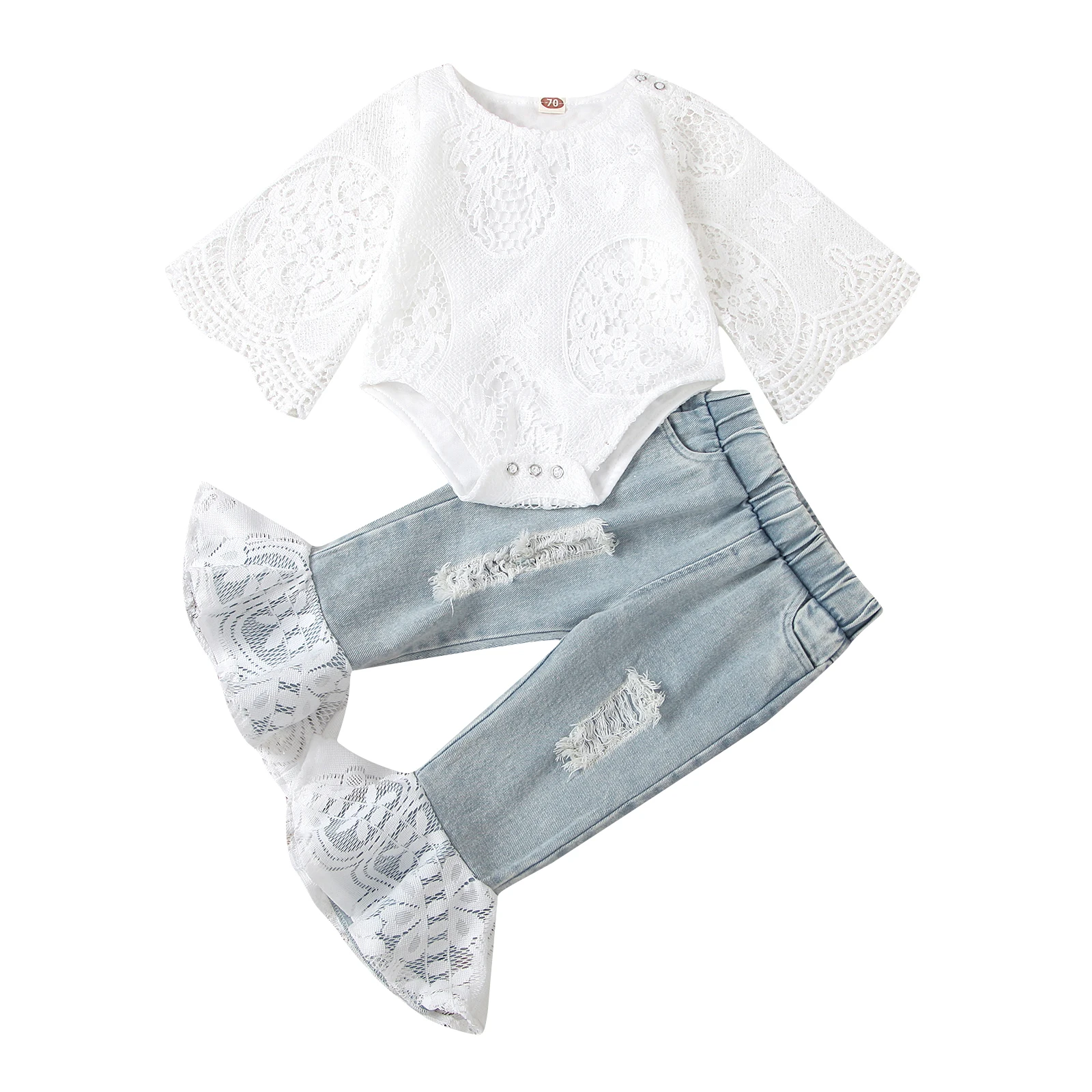 

Little Girls 6M-24M Ripped Jeans Suit Solid Color Crew Neck Short Sleeve Mesh Tops and Long Pants 2-piece Suit