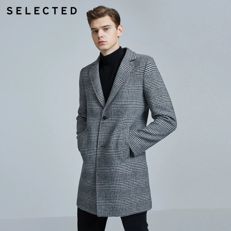 

SELECTED Men's Woolen Checked Mid-length Plaid Wool Overcoat S|419427525