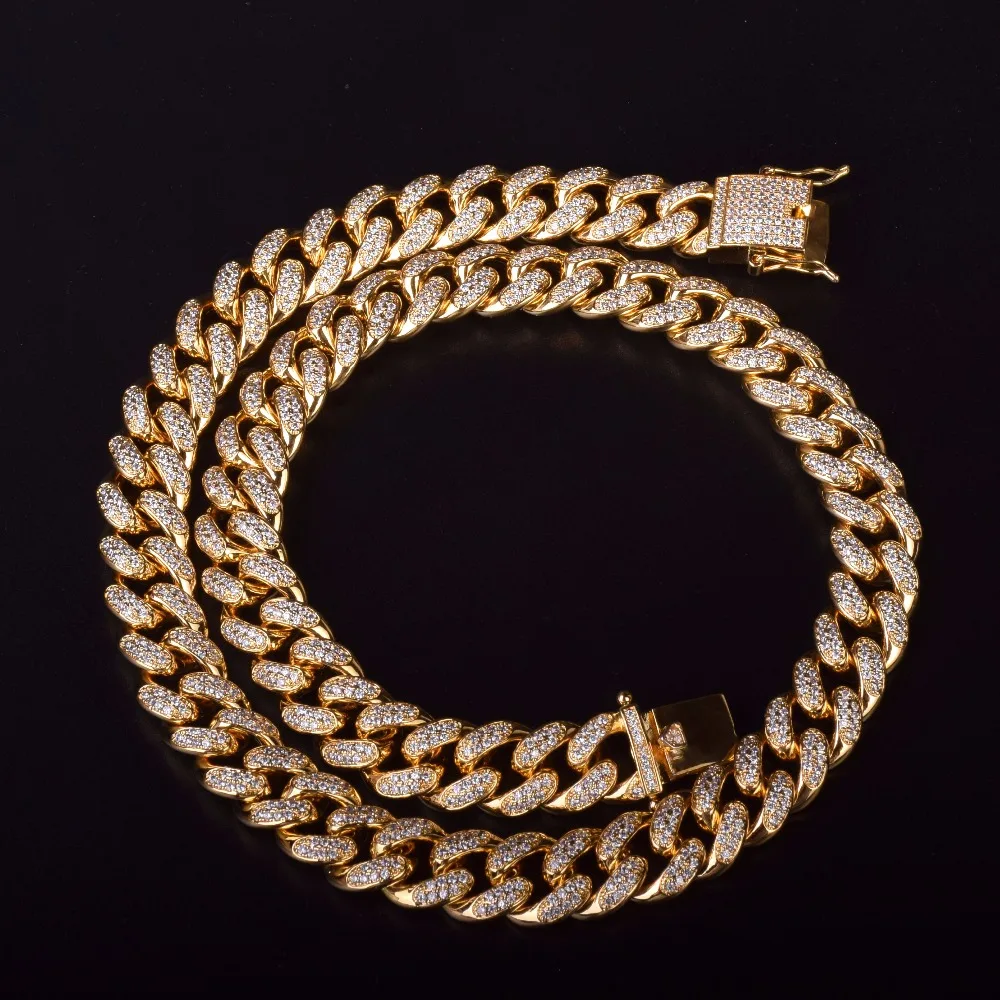 

14mm Iced Zircon Cuban Necklace Chain Hip hop Jewelry Gold Color Copper Material CZ Clasp Mens Necklace