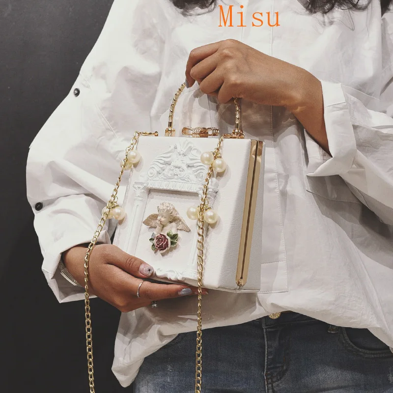 

3D angel relief tote bags for Lady Wedding Clutch Bolsas Luxury Designer Baroque styles women handbag pearl chain shoulder bags