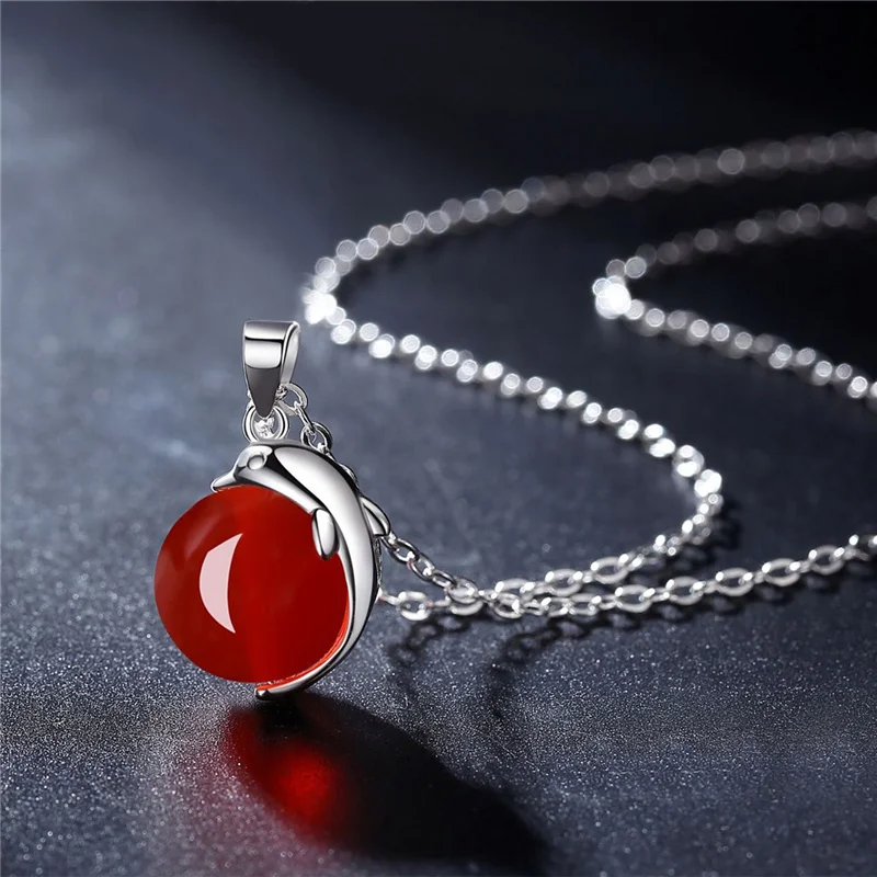 

KOFSAC New Trendy 925 Sterling Silver Necklaces For Women Cute Dolphin Green Agate Pendant Jewelry Clavicle Chain Lady Gift Hot