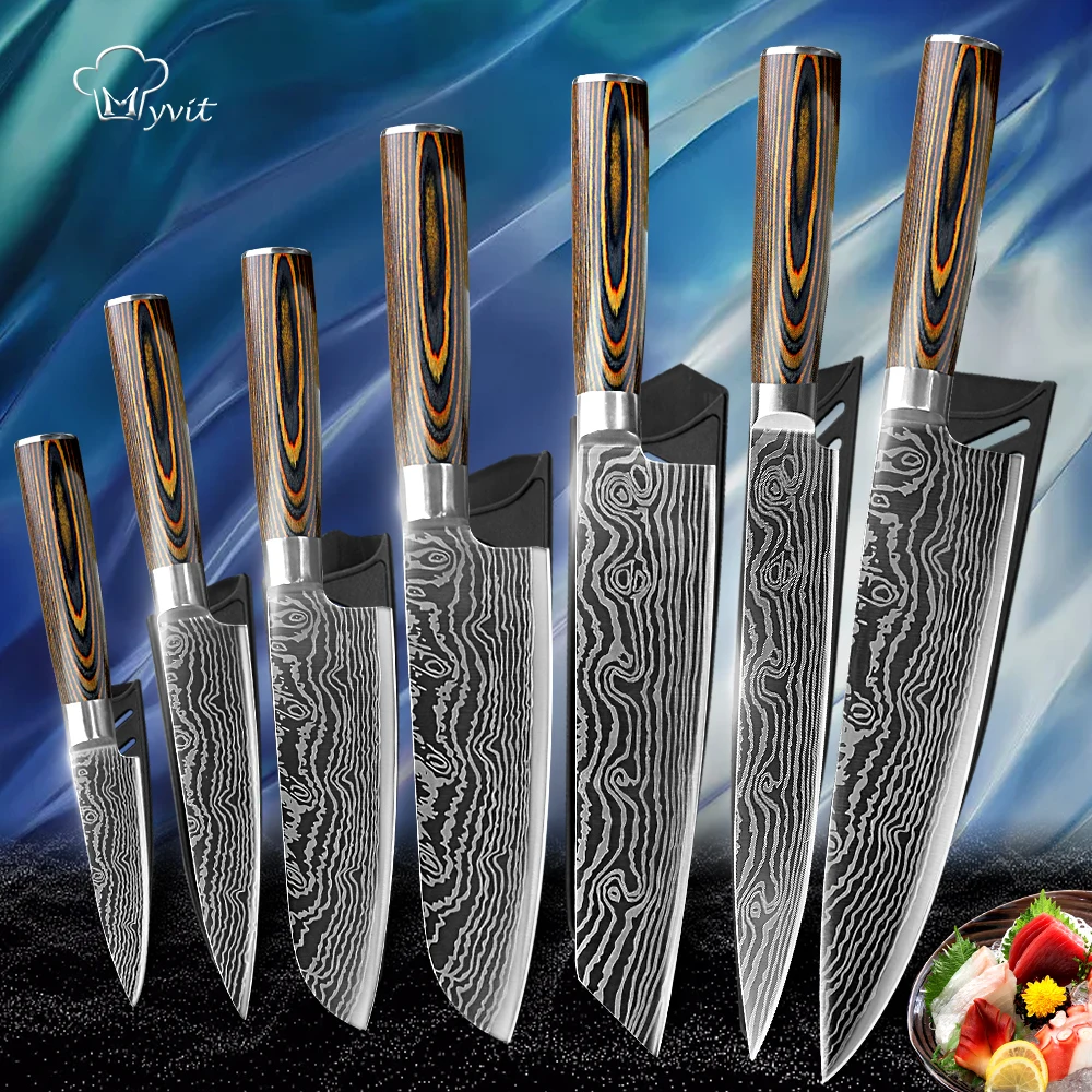 Cuchillos de cocina japoneses para Chef, rebanador de acero inoxidable Gyuto 7CR17 440C, dibujo Damasco, rebanador de carne, juego de cortador Santoku