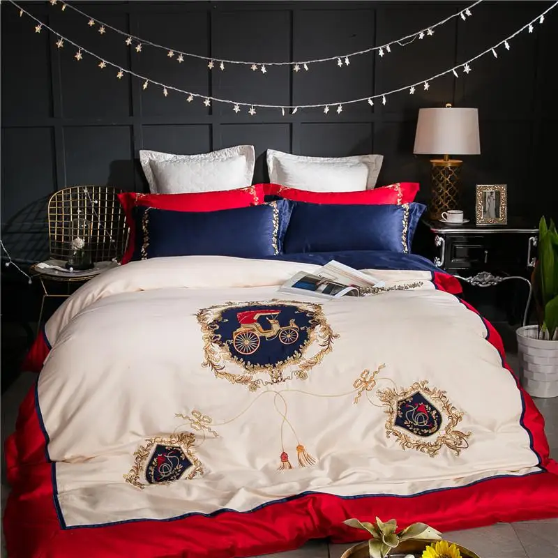 

34 4/8pcs white Blue Luxury British Style Golden Royal Embroidery Egyptian Cotton Bedding Set Duvet Cover Bed Sheet Pillowcases