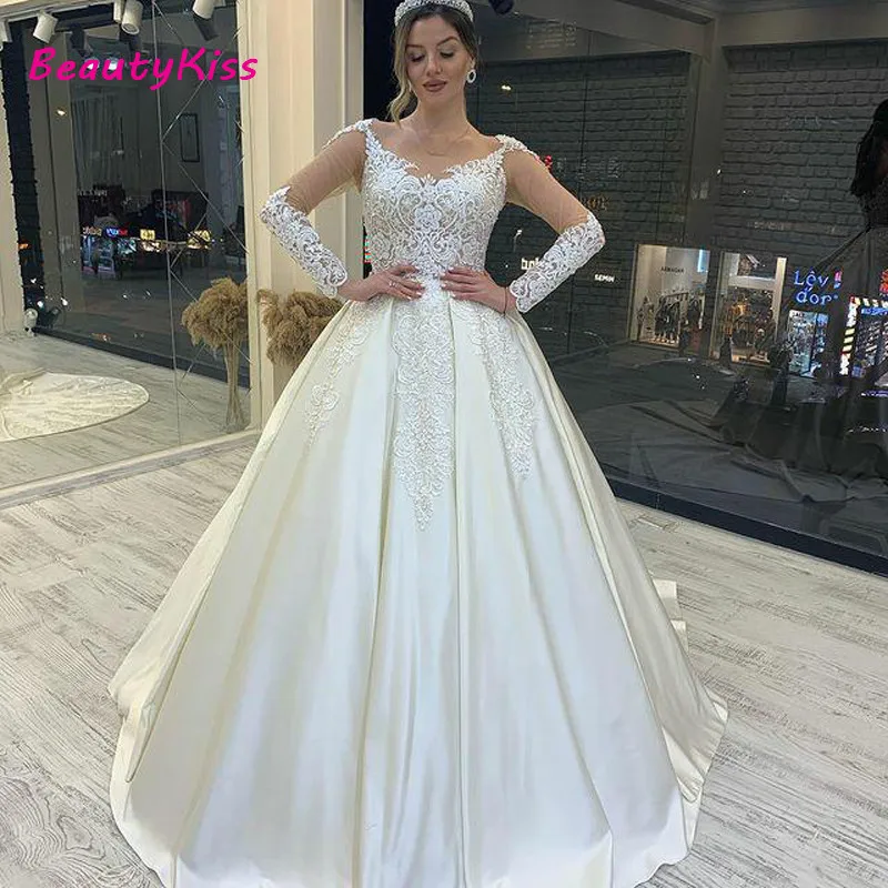 

Vestido De Noiva 2021 Long Sleeves Wedding Dress Lace Appliques Bridal Gowns Sheer O-Neck A-Line Satin Illusion wedding Gowns