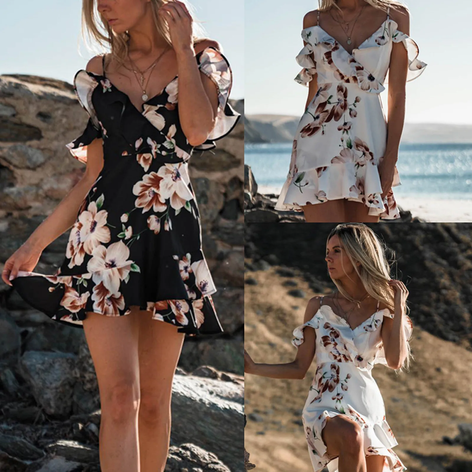 

Ladies Floral Print Suspender Ruffled V-neck Slim Dress Casual Sleeveless Open Back Strapless A-line Mini Skirt