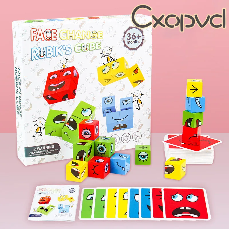 

Wooden Expressions Matching Block Puzzles Building Cubes Toy Borad Games Educational Montessori Toys for Kids Ages 3Years and Up