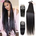 Прямые человеческие волосы 30 дюймов, пучки с 5 Х5 HD застежкой, перуанпряди волос с 4 х4 кружевными зажимами, пряди застежкой